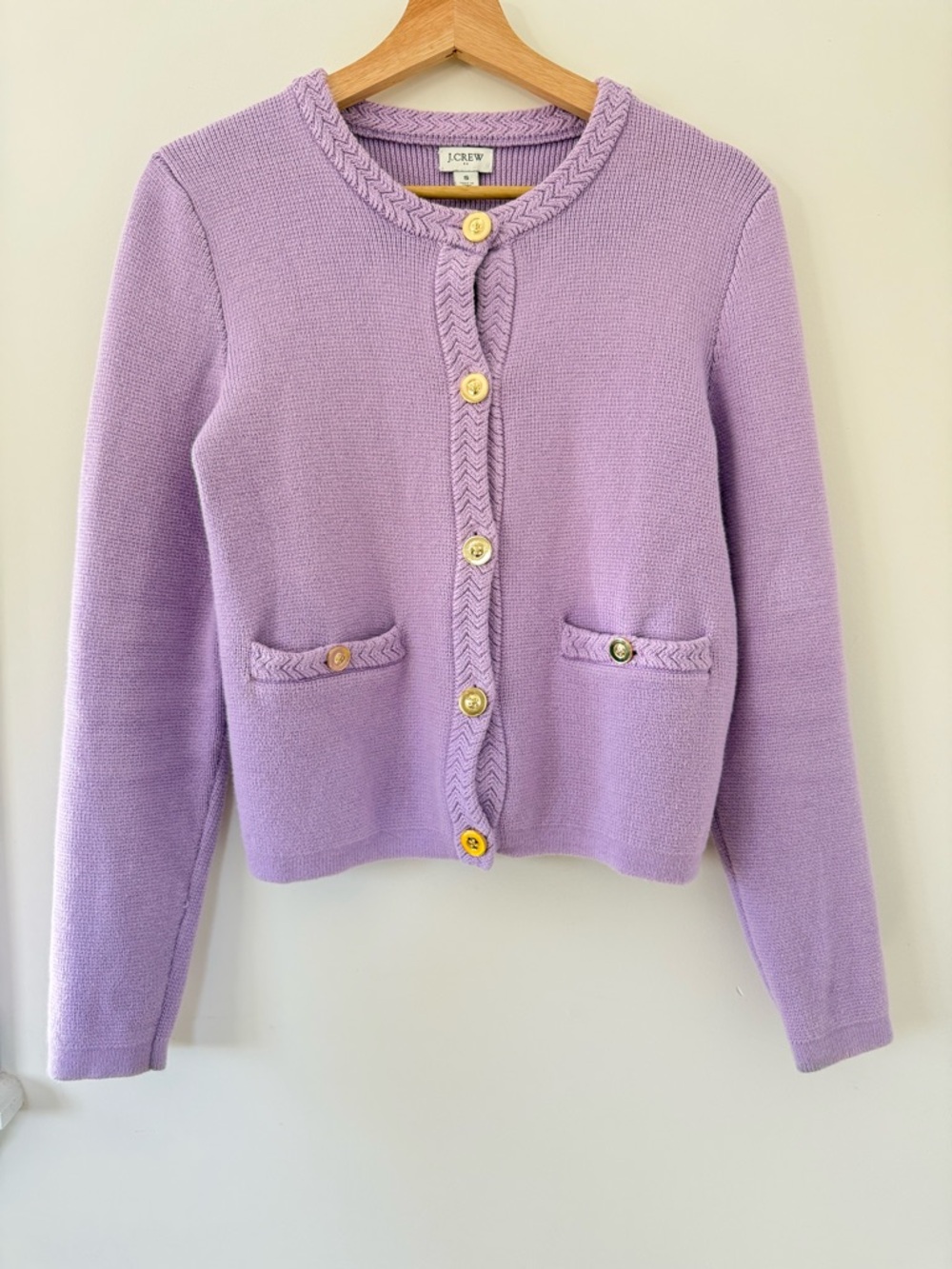 J. Crew Lavender Purple Cotton Knit Lady Jacket Cardigan with Gold Buttons